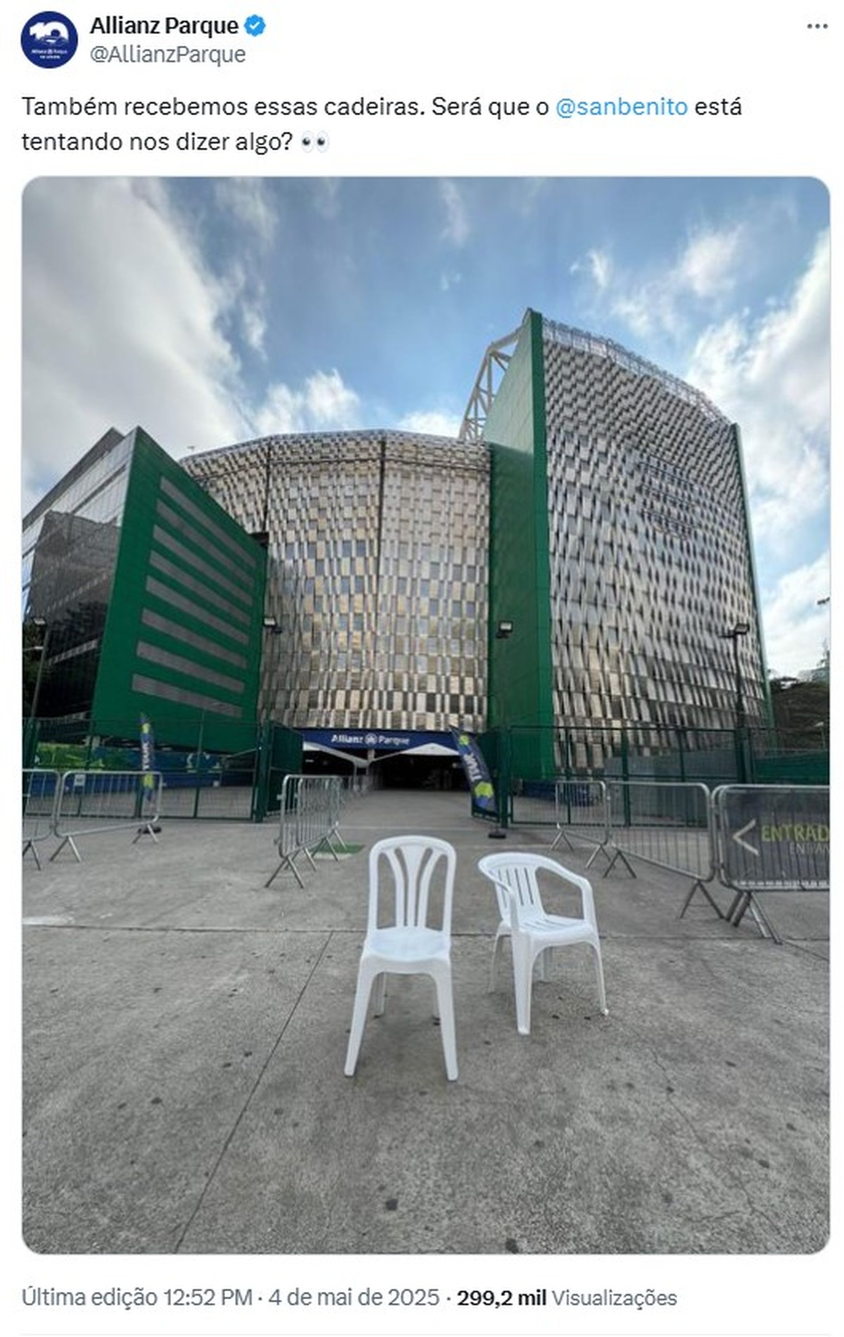 Bad Bunny no Brasil? Perfil do estádio do Palmeiras sugere show com foto de cadeiras brancas